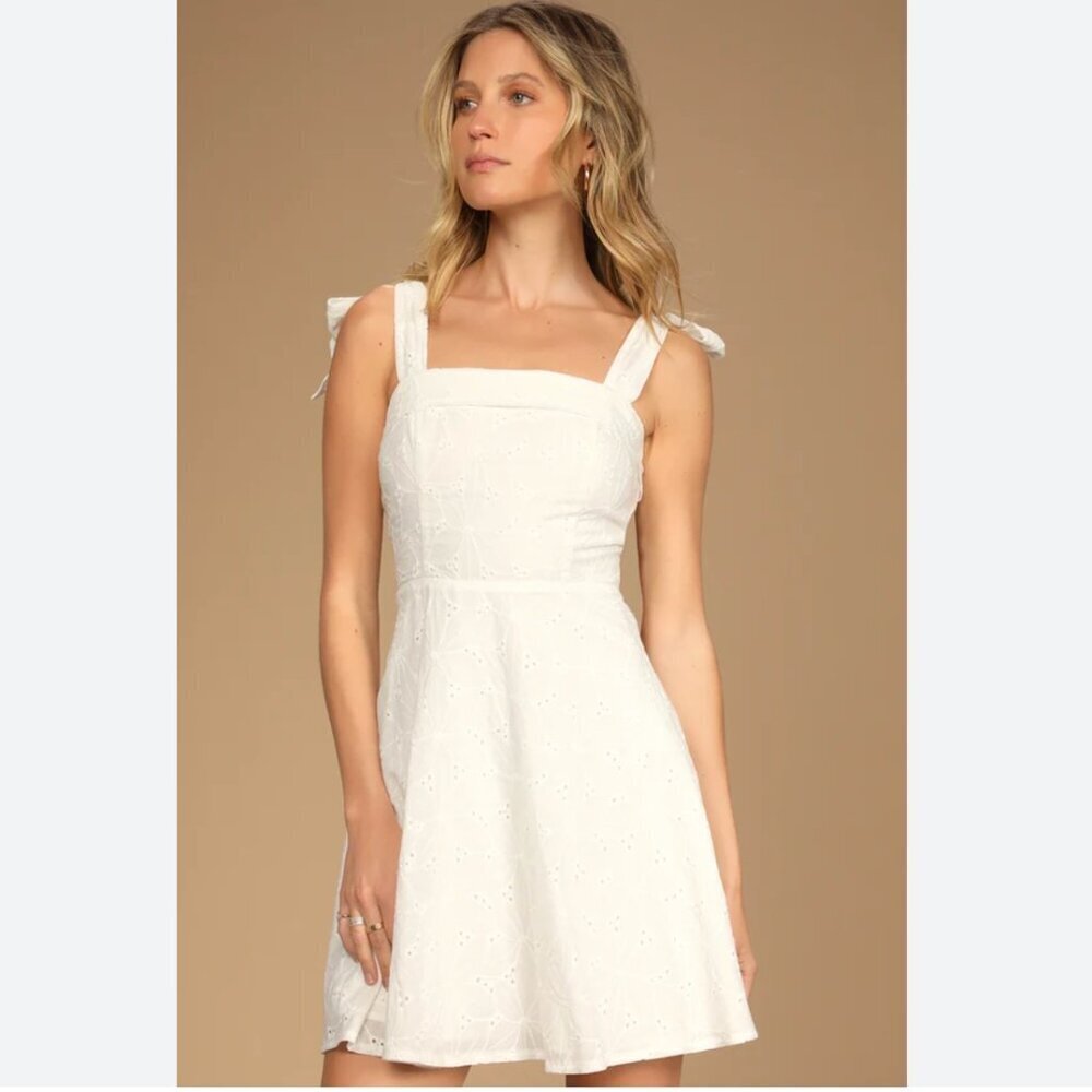Lulu's Cream Eyelet Tie-Shoulder Square Neck Mini Dress